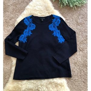 J Crew merino wool navy sweater w crochet detail